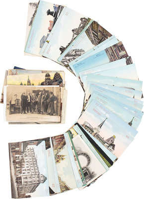 Подборка из 100 открыток с видами г. Москвы и Московской области, а также с рекламными объявлениями московских фирм и магазинов. [1900-1920-е]: