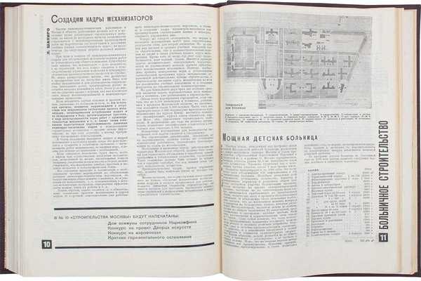 [Полный годовой комплект за 1930 г.]. Строительство Москвы. Ежемесячный журнал Московского совета рабочих, крестьянских и красноармейских депутатов. 1929. № 1—8, 10—11. 1930. № 1—12. М., 1929—1930.