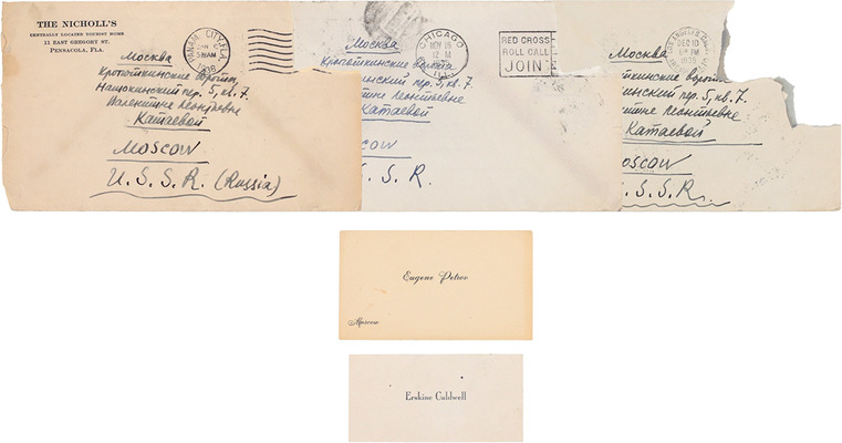 Подборка из трех конвертов и двух визитных карточек с автографами Евгения Петрова и Эрскина Колдуэлла: