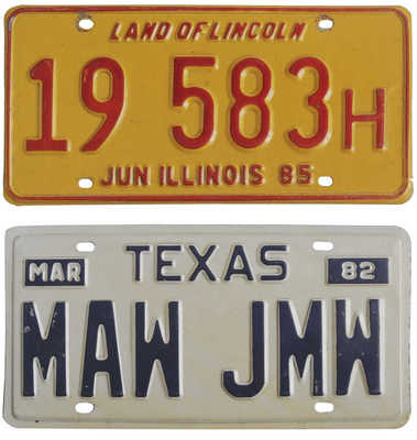 Лот из четырёх американских автомобильных номерных знаков штатов Texas, Illinois, Oklahoma, Virginia