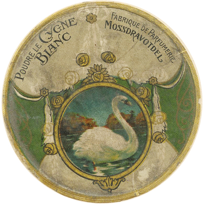 Наклейка для упаковки пудры "Белый лебедь" парфюмерная фабрика Мосздравотдел (Poudrele Сygne Blanc Fabrique de Parfumemerie Mossdravotdel)