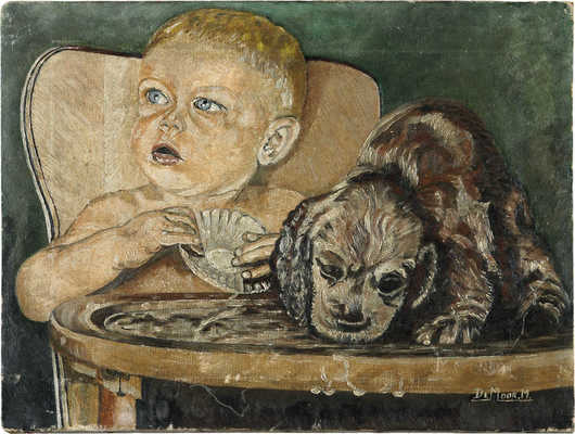 Неизвестный художник (De Moor по подписи). Ребенок с собакой