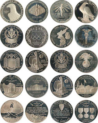 Подборка из 20 монет номиналом 1 доллар США «Юбилейные монеты» 1983-1995 годов