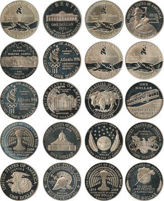 Подборка из 20 монет номиналом 1 доллар США «Юбилейные монеты» 1995-2004 года