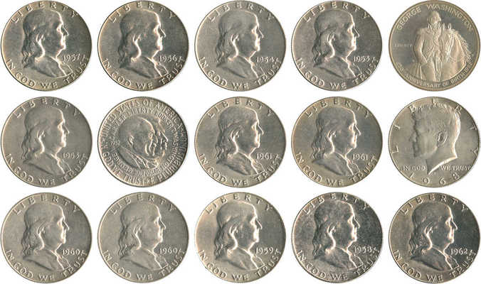 Подборка из 15 монет номиналом 1/2 доллара США 1952-1982 годов