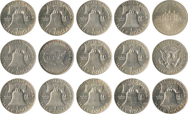 Подборка из 15 монет номиналом 1/2 доллара США 1952-1982 годов