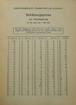 [Каталог аукциона библиотек г-на Карла Хирша, Констанс, графа Григория Александровича Строганова в Эрмитаже], 1931.
