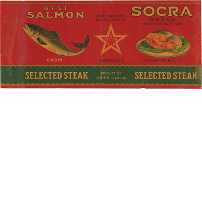 Этикетка от упаковки консервов кеты, лосося «Socra»