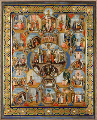 Икона «Распятие Господне» с евангелистами, праздниками в 16 клеймах и Страстями в 14 клеймах