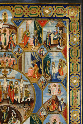 Икона «Распятие Господне» с евангелистами, праздниками в 16 клеймах и Страстями в 14 клеймах
