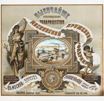 Высочайше утвержденное Товарищество Московской кружевной фабрики. [Плакат]. М.: Лит. И. Худякова, [1910-е].