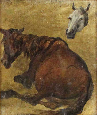 Сверчков Николай Егорович. Эскиз лежащей каурой лошади и головы белой лошади 