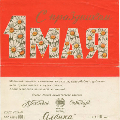 Упаковка от шоколада «Алёнка с праздником 1 мая» кондитерской фабрики «Красный Октябрь» Москва