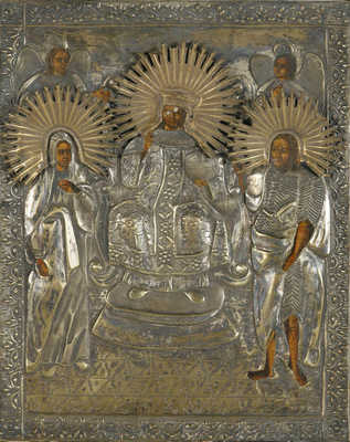 Икона старообрядческая подокладная «Иисус Христос и предстоящие: архангел Михаил, Матерь Божия, архангел Гавриил и Иоан Креститель»