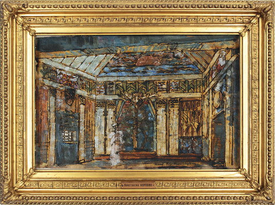 Коровин Константин Алексеевич. Интерьер, декорированный фризом по верху стен и рогами лося над дверью. 