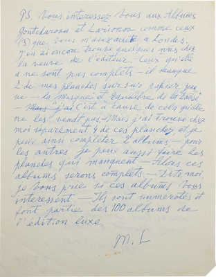 [Ларионов М.Ф., автограф]. Собственноручное письмо художника Михаила Ларионова... 1953 г.
