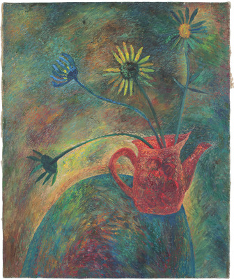 Неизвестный художник (Батова). Цветы в красном чайнике 